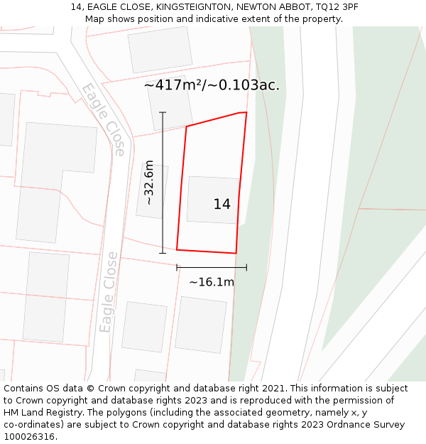 14, EAGLE CLOSE, KINGSTEIGNTON, NEWTON ABBOT, TQ12 3PF: Plot and title map