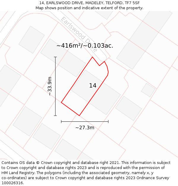 14, EARLSWOOD DRIVE, MADELEY, TELFORD, TF7 5SF: Plot and title map