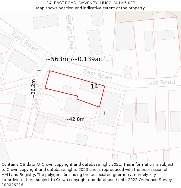 14, EAST ROAD, NAVENBY, LINCOLN, LN5 0EP: Plot and title map