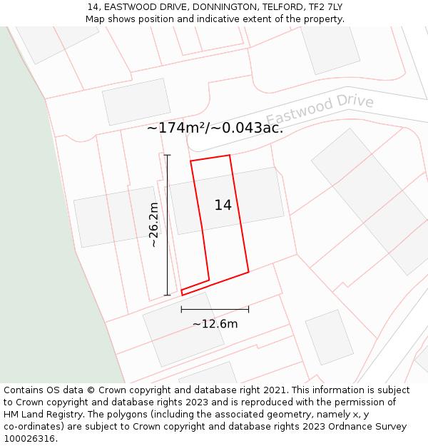 14, EASTWOOD DRIVE, DONNINGTON, TELFORD, TF2 7LY: Plot and title map