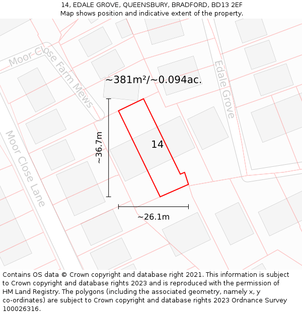 14, EDALE GROVE, QUEENSBURY, BRADFORD, BD13 2EF: Plot and title map