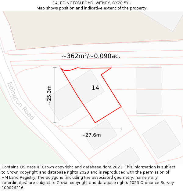 14, EDINGTON ROAD, WITNEY, OX28 5YU: Plot and title map