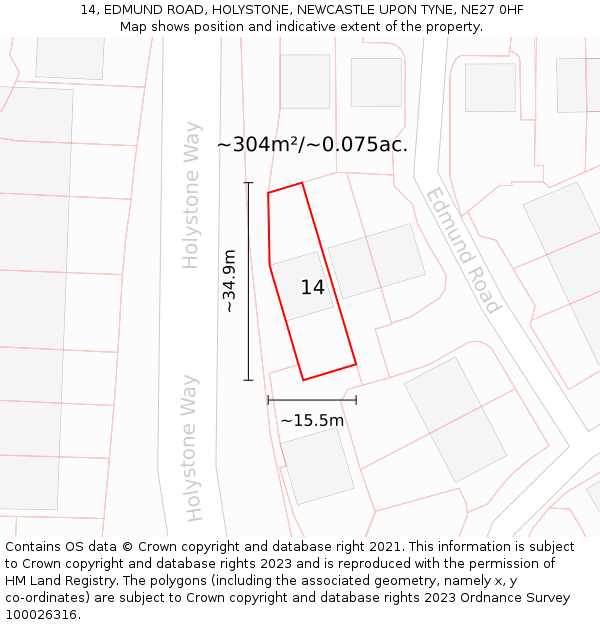 14, EDMUND ROAD, HOLYSTONE, NEWCASTLE UPON TYNE, NE27 0HF: Plot and title map