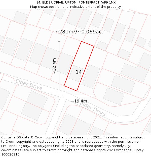 14, ELDER DRIVE, UPTON, PONTEFRACT, WF9 1NX: Plot and title map