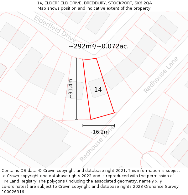 14, ELDERFIELD DRIVE, BREDBURY, STOCKPORT, SK6 2QA: Plot and title map