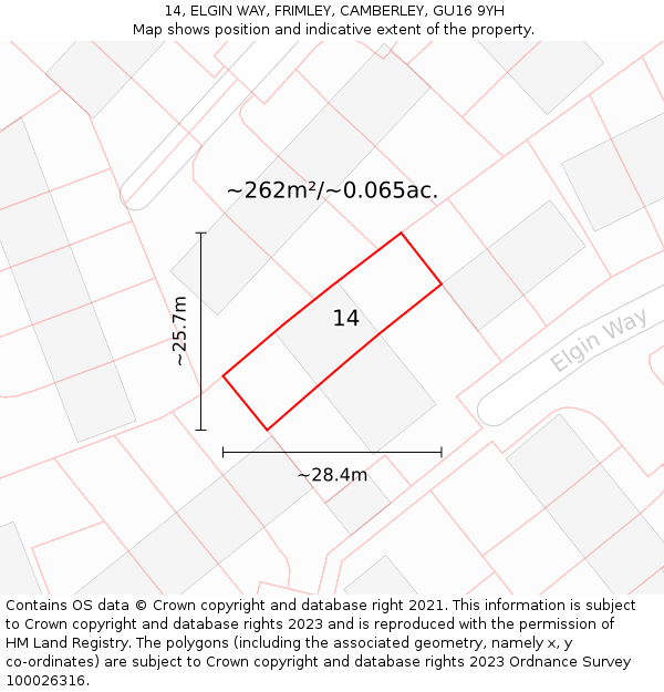 14, ELGIN WAY, FRIMLEY, CAMBERLEY, GU16 9YH: Plot and title map