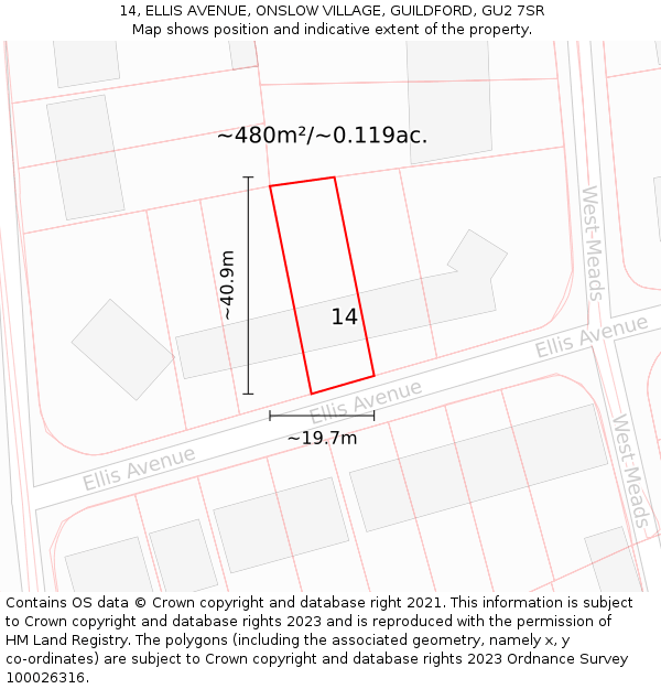 14, ELLIS AVENUE, ONSLOW VILLAGE, GUILDFORD, GU2 7SR: Plot and title map