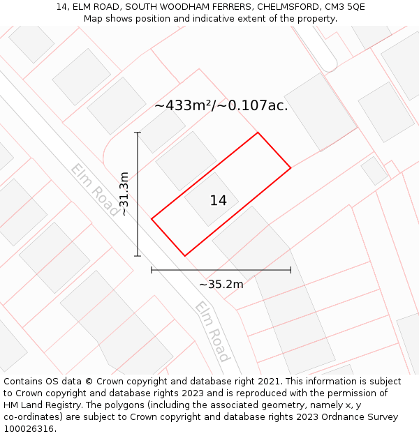 14, ELM ROAD, SOUTH WOODHAM FERRERS, CHELMSFORD, CM3 5QE: Plot and title map