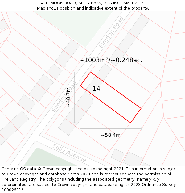 14, ELMDON ROAD, SELLY PARK, BIRMINGHAM, B29 7LF: Plot and title map