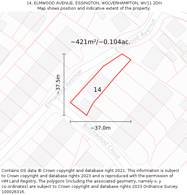 14, ELMWOOD AVENUE, ESSINGTON, WOLVERHAMPTON, WV11 2DH: Plot and title map