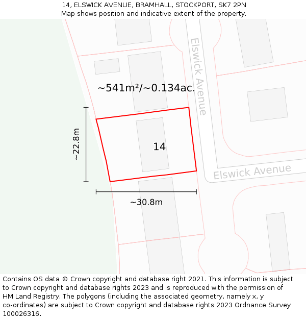 14, ELSWICK AVENUE, BRAMHALL, STOCKPORT, SK7 2PN: Plot and title map