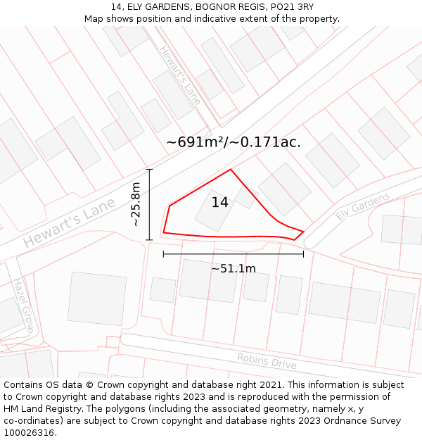 14, ELY GARDENS, BOGNOR REGIS, PO21 3RY: Plot and title map