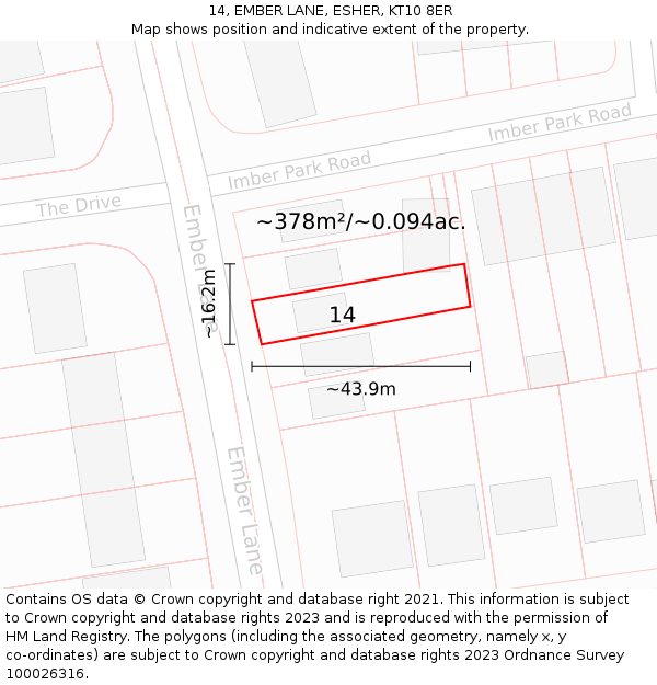 14, EMBER LANE, ESHER, KT10 8ER: Plot and title map