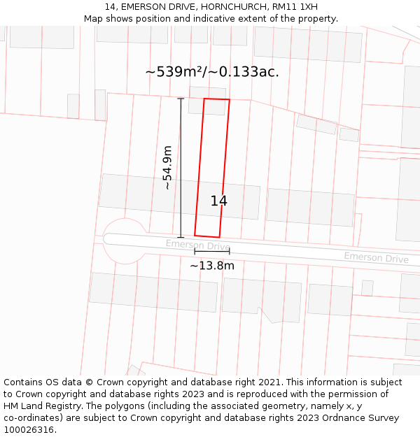 14, EMERSON DRIVE, HORNCHURCH, RM11 1XH: Plot and title map