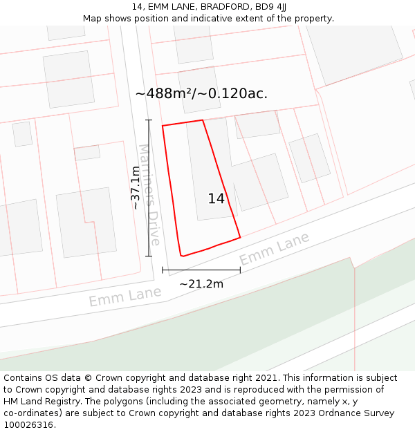 14, EMM LANE, BRADFORD, BD9 4JJ: Plot and title map