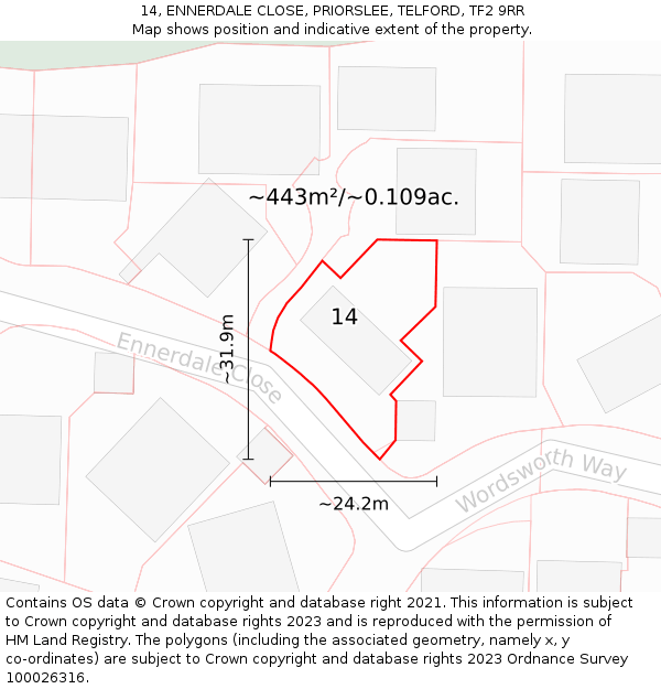 14, ENNERDALE CLOSE, PRIORSLEE, TELFORD, TF2 9RR: Plot and title map