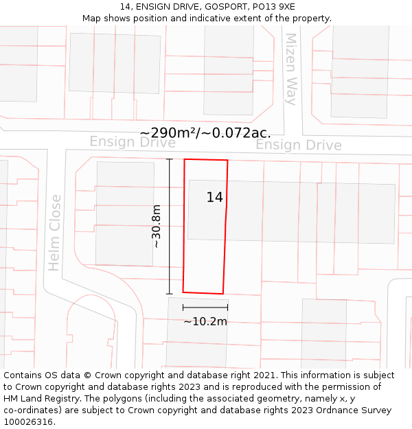 14, ENSIGN DRIVE, GOSPORT, PO13 9XE: Plot and title map