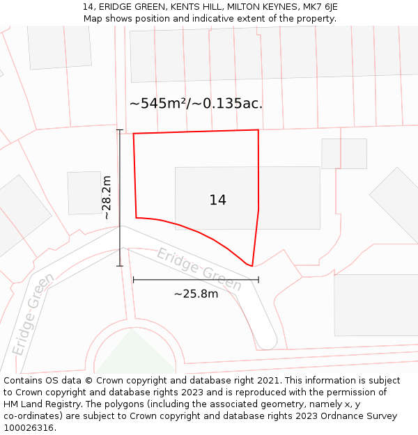 14, ERIDGE GREEN, KENTS HILL, MILTON KEYNES, MK7 6JE: Plot and title map