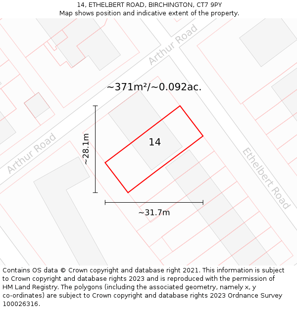 14, ETHELBERT ROAD, BIRCHINGTON, CT7 9PY: Plot and title map