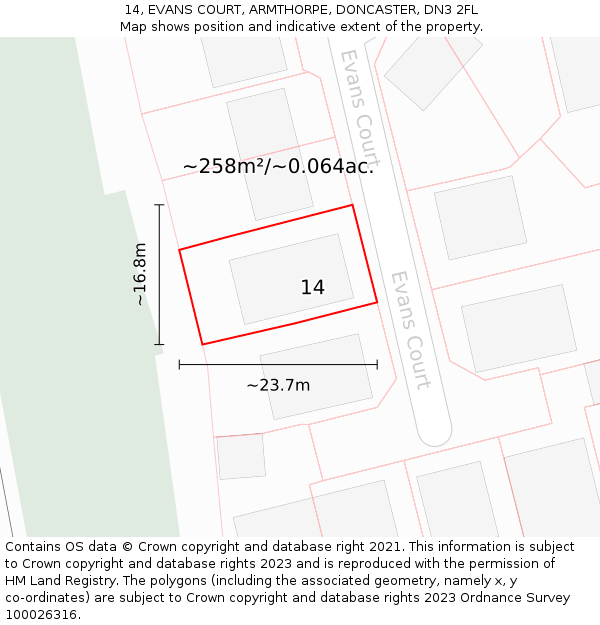 14, EVANS COURT, ARMTHORPE, DONCASTER, DN3 2FL: Plot and title map