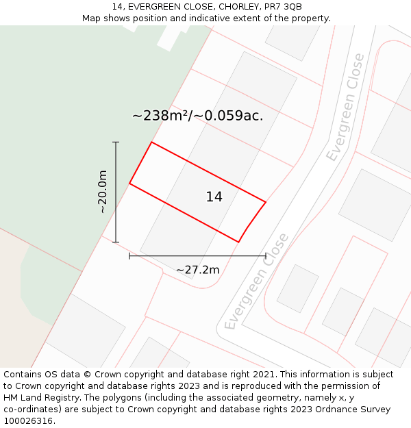 14, EVERGREEN CLOSE, CHORLEY, PR7 3QB: Plot and title map