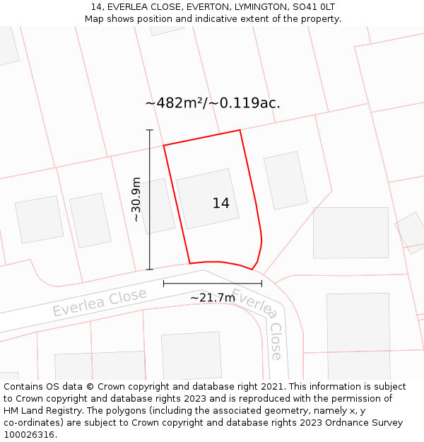 14, EVERLEA CLOSE, EVERTON, LYMINGTON, SO41 0LT: Plot and title map