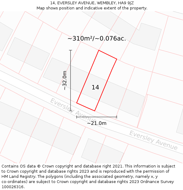 14, EVERSLEY AVENUE, WEMBLEY, HA9 9JZ: Plot and title map