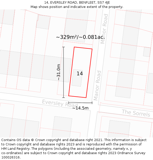 14, EVERSLEY ROAD, BENFLEET, SS7 4JE: Plot and title map