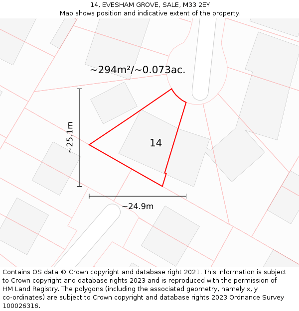 14, EVESHAM GROVE, SALE, M33 2EY: Plot and title map