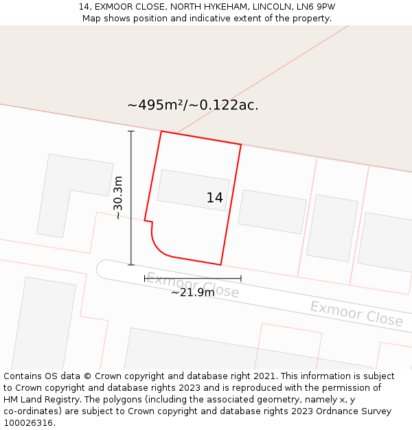 14, EXMOOR CLOSE, NORTH HYKEHAM, LINCOLN, LN6 9PW: Plot and title map