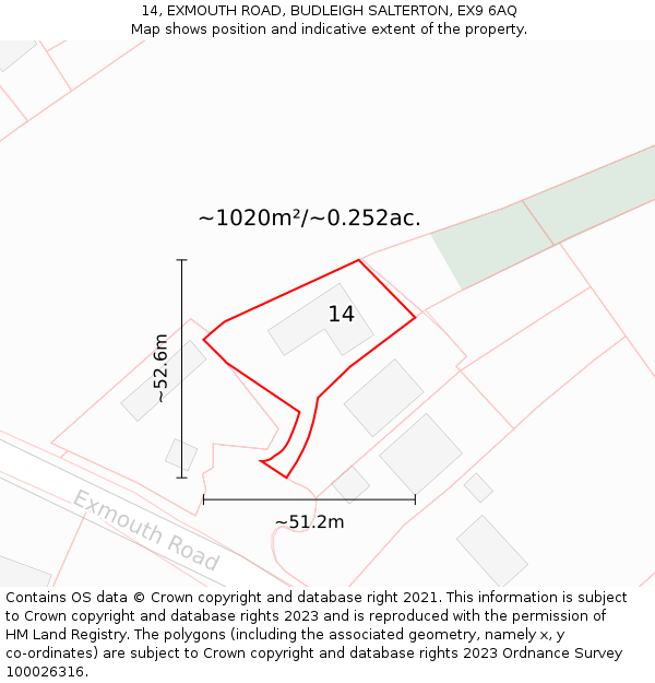 14, EXMOUTH ROAD, BUDLEIGH SALTERTON, EX9 6AQ: Plot and title map