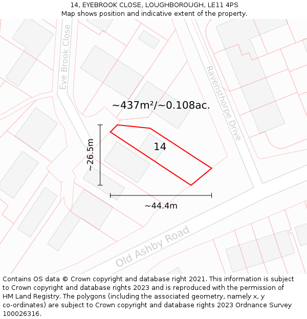 14, EYEBROOK CLOSE, LOUGHBOROUGH, LE11 4PS: Plot and title map