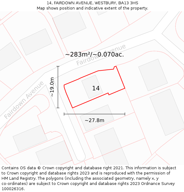 14, FAIRDOWN AVENUE, WESTBURY, BA13 3HS: Plot and title map