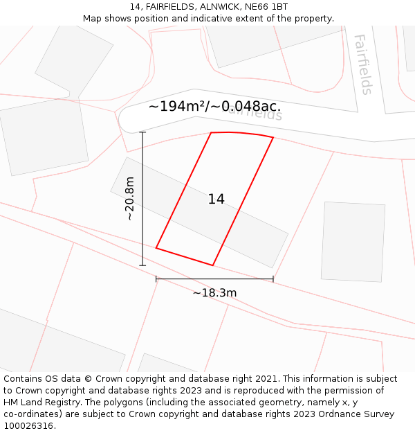 14, FAIRFIELDS, ALNWICK, NE66 1BT: Plot and title map