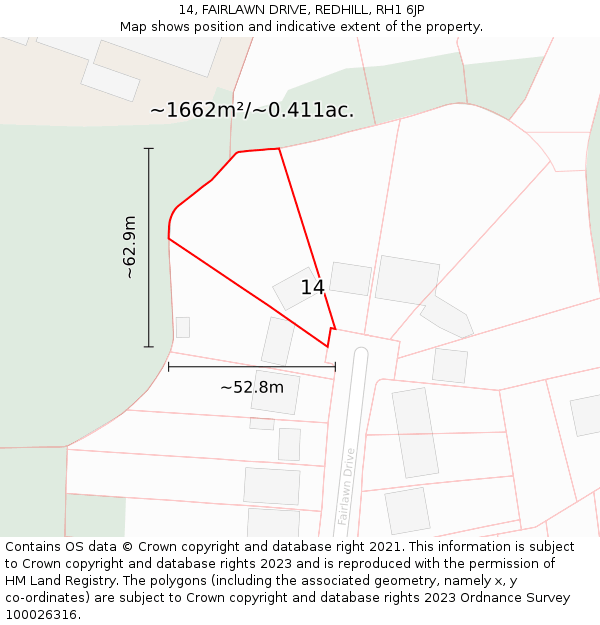 14, FAIRLAWN DRIVE, REDHILL, RH1 6JP: Plot and title map