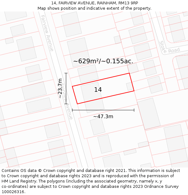 14, FAIRVIEW AVENUE, RAINHAM, RM13 9RP: Plot and title map