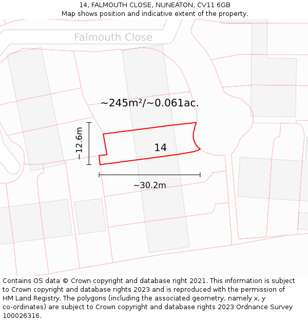 14, FALMOUTH CLOSE, NUNEATON, CV11 6GB: Plot and title map