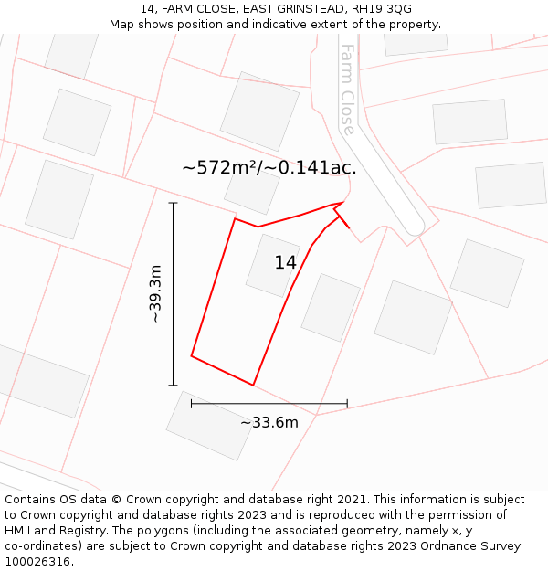 14, FARM CLOSE, EAST GRINSTEAD, RH19 3QG: Plot and title map