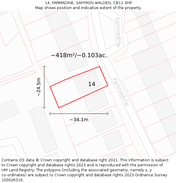 14, FARMADINE, SAFFRON WALDEN, CB11 3HP: Plot and title map