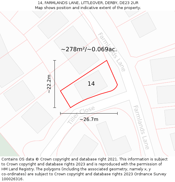 14, FARMLANDS LANE, LITTLEOVER, DERBY, DE23 2UR: Plot and title map