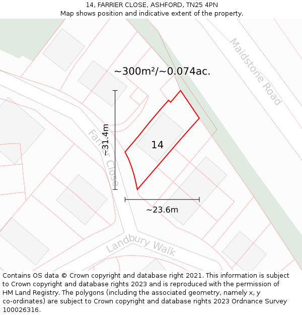 14, FARRIER CLOSE, ASHFORD, TN25 4PN: Plot and title map