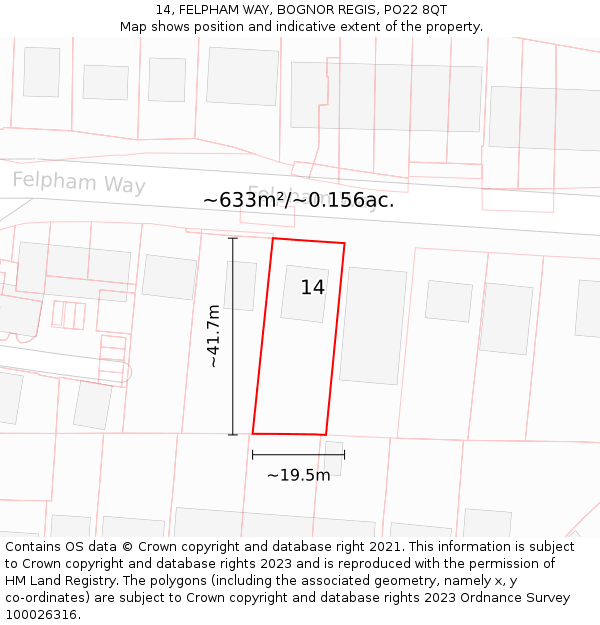 14, FELPHAM WAY, BOGNOR REGIS, PO22 8QT: Plot and title map