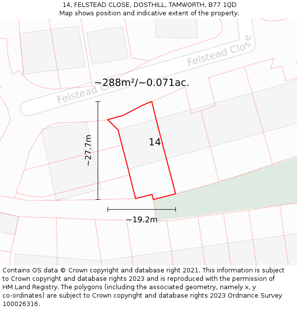 14, FELSTEAD CLOSE, DOSTHILL, TAMWORTH, B77 1QD: Plot and title map