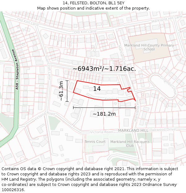 14, FELSTED, BOLTON, BL1 5EY: Plot and title map