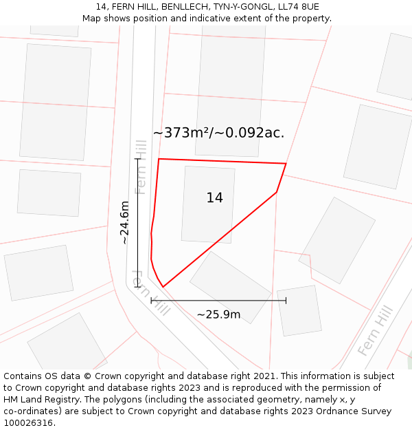 14, FERN HILL, BENLLECH, TYN-Y-GONGL, LL74 8UE: Plot and title map
