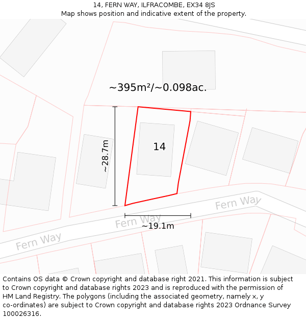 14, FERN WAY, ILFRACOMBE, EX34 8JS: Plot and title map