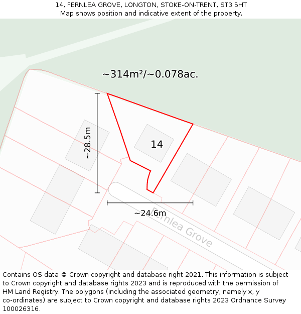 14, FERNLEA GROVE, LONGTON, STOKE-ON-TRENT, ST3 5HT: Plot and title map