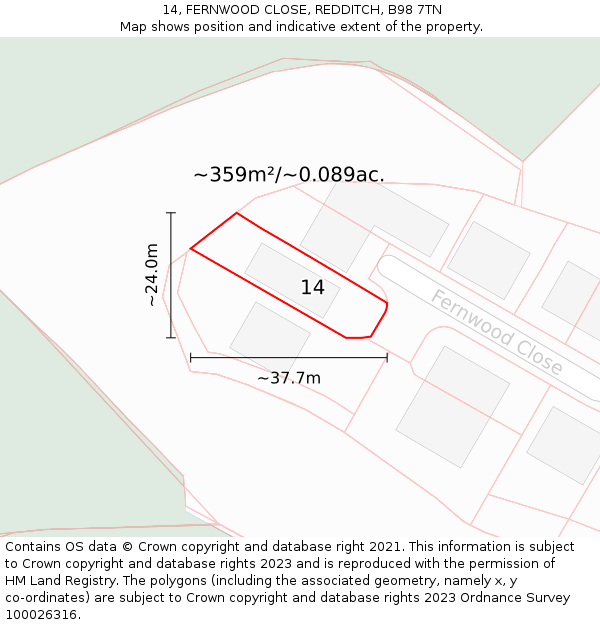 14, FERNWOOD CLOSE, REDDITCH, B98 7TN: Plot and title map