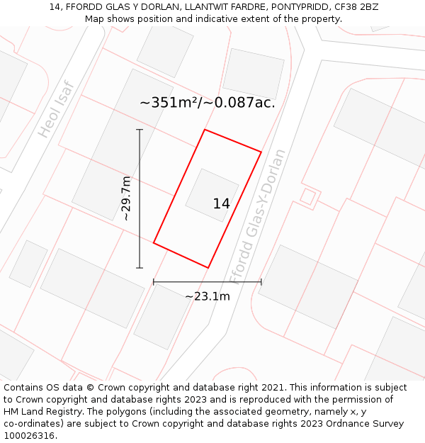 14, FFORDD GLAS Y DORLAN, LLANTWIT FARDRE, PONTYPRIDD, CF38 2BZ: Plot and title map