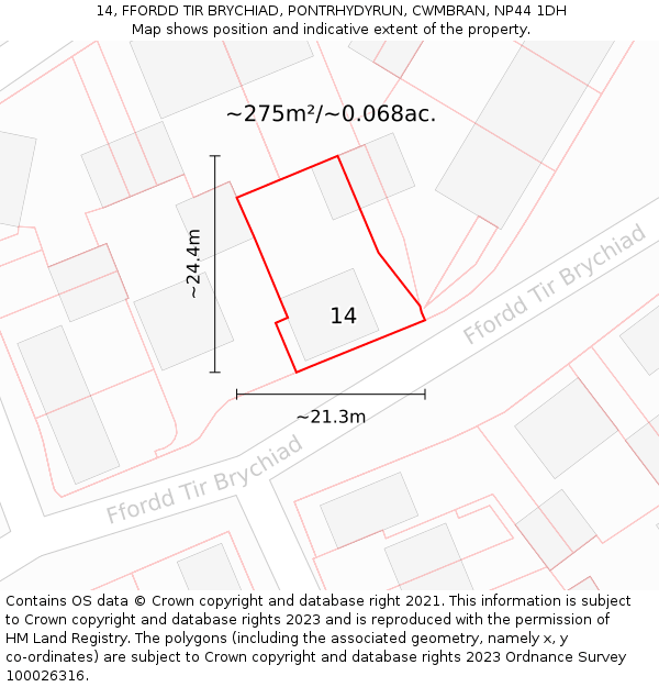 14, FFORDD TIR BRYCHIAD, PONTRHYDYRUN, CWMBRAN, NP44 1DH: Plot and title map